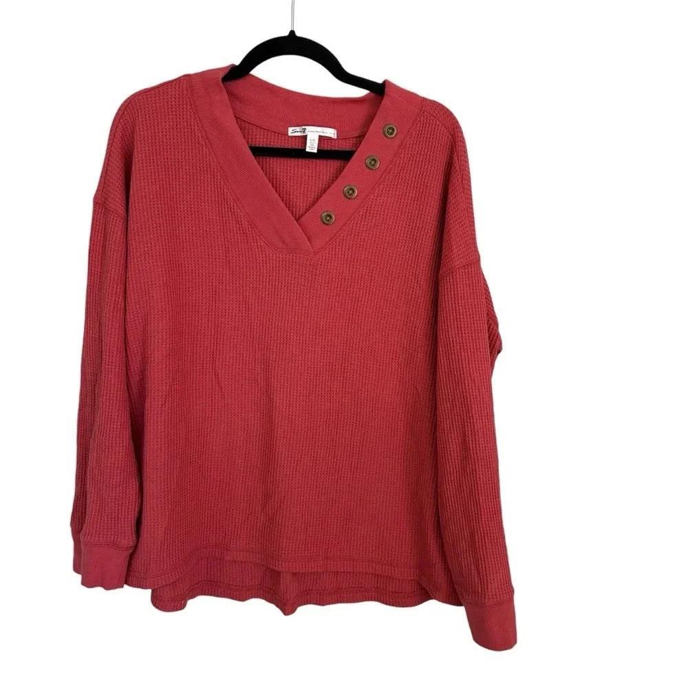 Seven7 Women’s Long Sleeve Waffle Knit Hi/Lo V-Neck Rust/Red Top Size L GUC